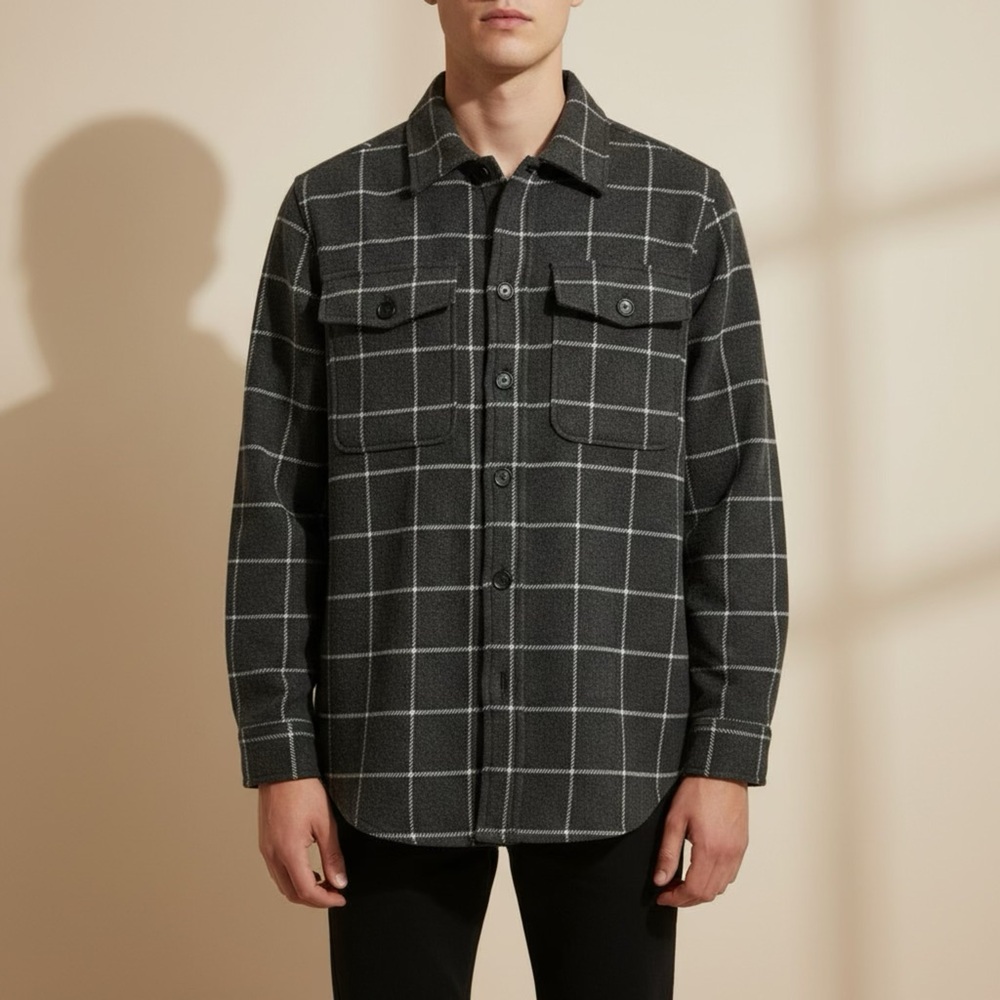 BNWT Tilley Grey Wool Blend Checkered Shirt Jacket size Large Plaid Pattern
